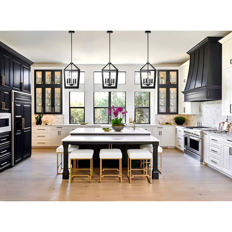 4 - Black Lantern Pendant Light, 4 Lights Farmhouse Chandelier Fixture with Metal Cage, Adjustable Height