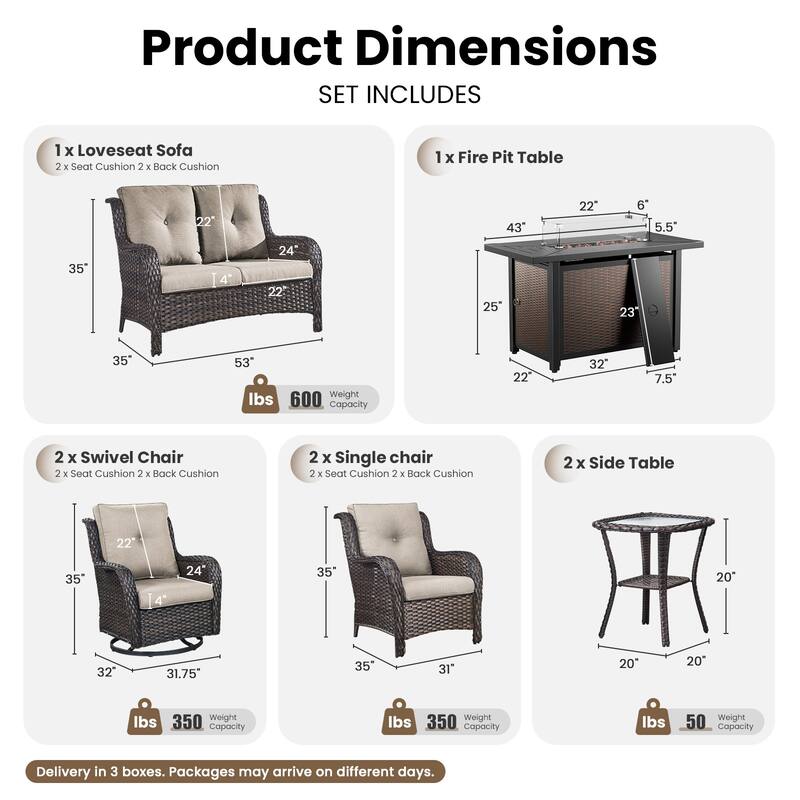 Gymojoy 8-Piece Outdoor Wicker Patio Furniture Set with Swivel Glider Rocker & 55,000 BTU CSA Propane Fire Pit