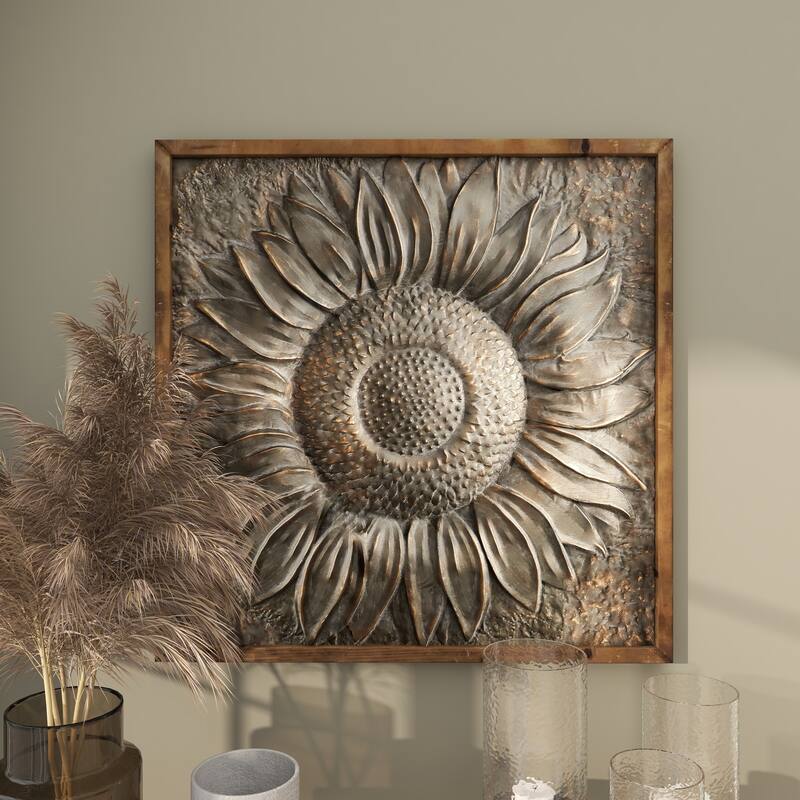 Gray Metal Sunflower Floral Home Wall Decor with Embossed Details