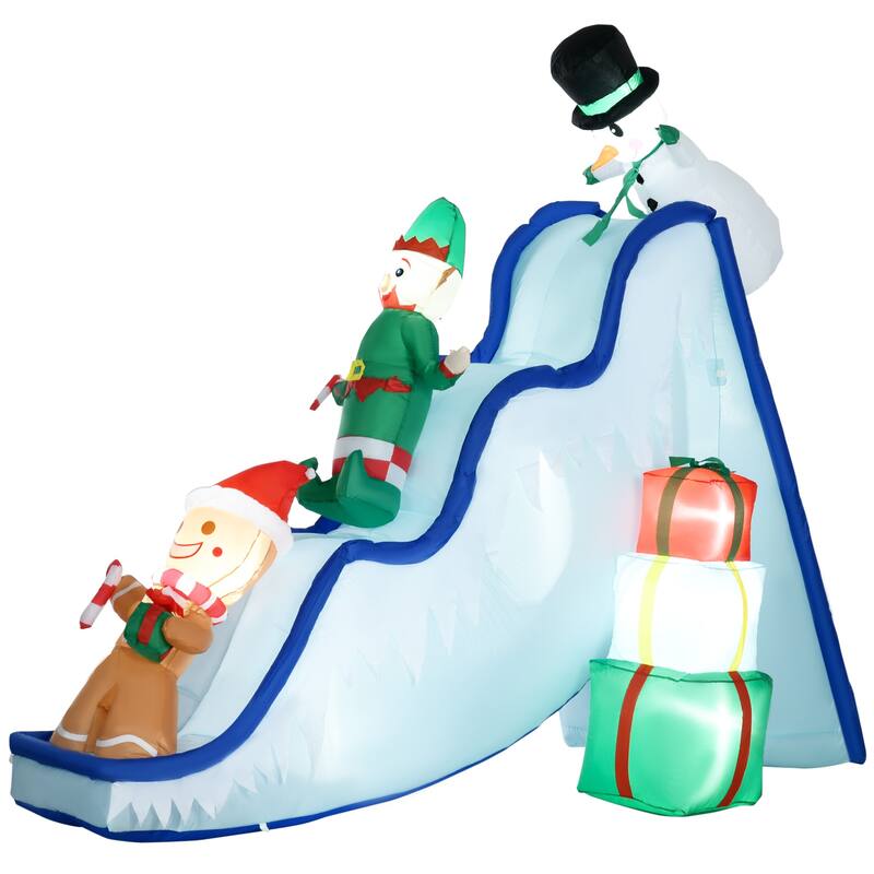 HOMCOM 8.5FT Long Christmas Inflatable Snowman, Elf and Gingerbread Man on Ski Slope, Blow-Up Outdoor LED