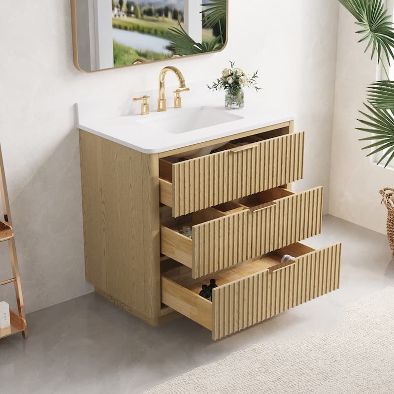 35''H Solid Wood Bathroom Vanity With Stain-resistant Carrera White Quartz Top and Sink