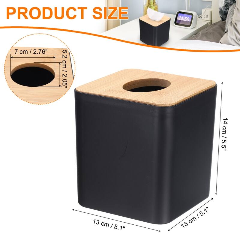 Tissue Box Cover with Bamboo Lid Square Tissue Box Holder for Home Office - Black - 5.1 x 5.1 x 5.5 inch