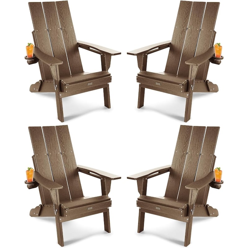 WINSOON HDPE Outdoor Folding Adirondack Chair With Cup Holder( Set of 4) - Teak x4
