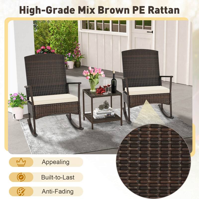Costway 3 Piece Patio Rocking Set Wicker Rocking Chairs with 2-Tier - See Details