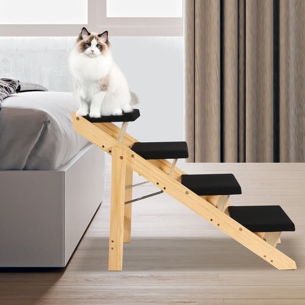 Foldable 4 Levels Pet Steps Sturdy Wooden Dog Stairs Bed Bath