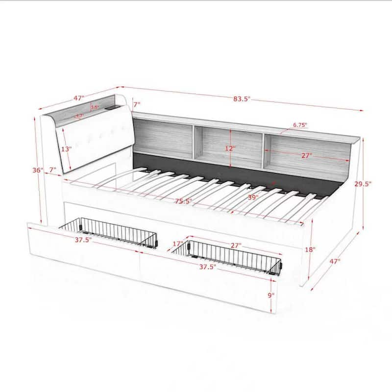 Multi-functional Velvet Daybed with Storage, LED Lights, and Wireless Charging, Twin Size