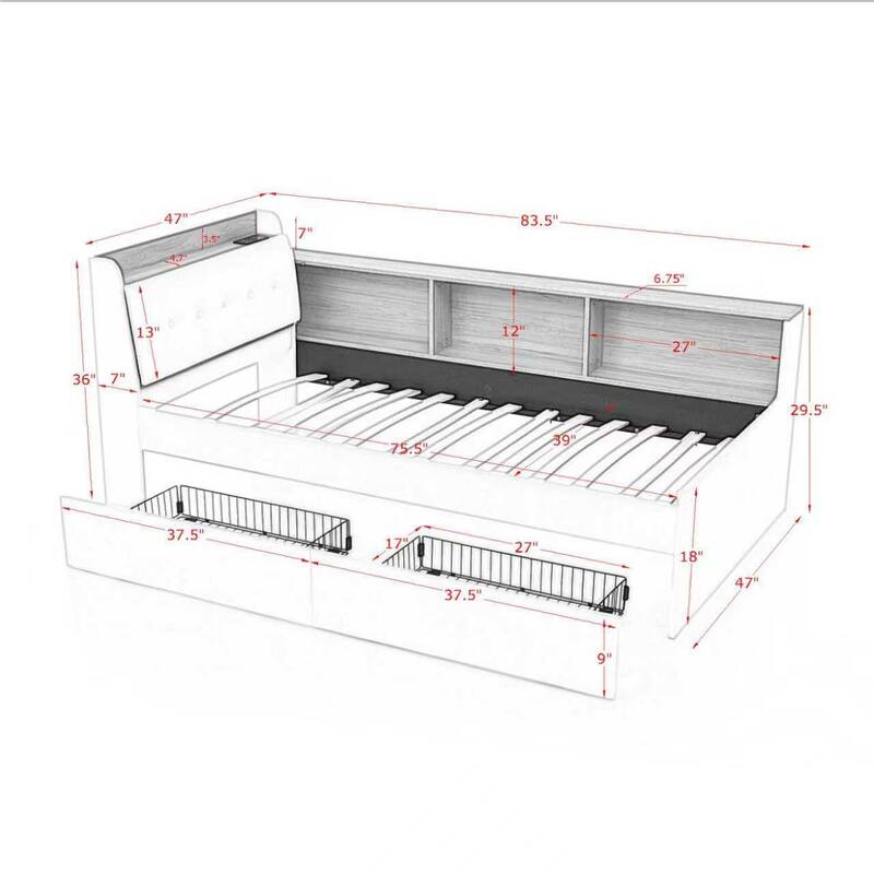 Twin Size Velvet Daybed with Storage, LED Lights, and Wireless Charging, Beige