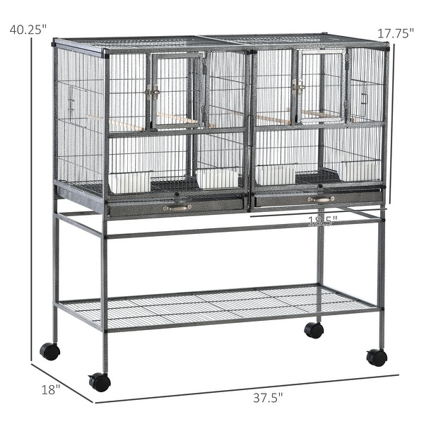 PawHut Large Double Rolling Metal Bird Cage Bird House with Removable Metal Tray, Storage Shelf, Wood Perch, Food Container
