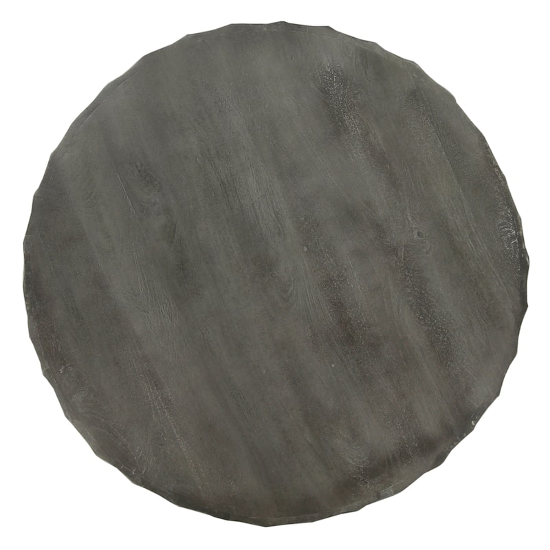 33 Inch Wooden Round Drum Coffee Table with Geometric Carved Pattern, Gray