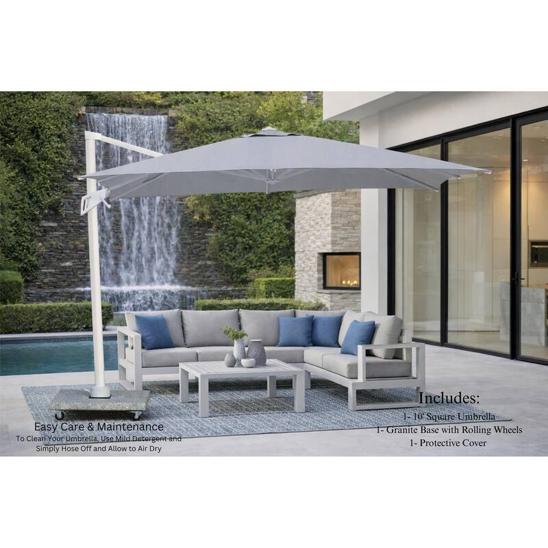 Piola White 10 ft. Square Aluminum Outdoor Cantilever Mouse Grey Fabric Umbrella with Granite Base
