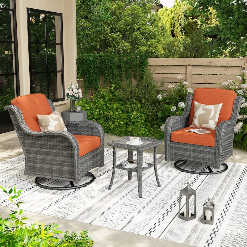 OVIOS 3-piece Patio Wicker Swivel Chair Set - Red/Orange-Grey Wicker