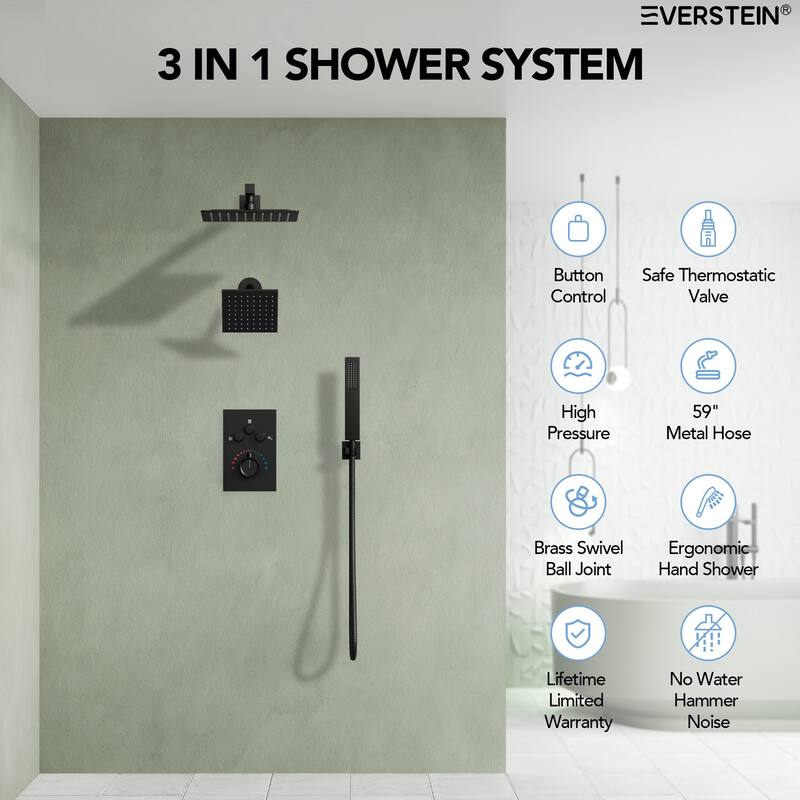 Thermostatic Shower Faucet 12" and 6" High-Pressure Dual Showerheads with Handheld Shower
