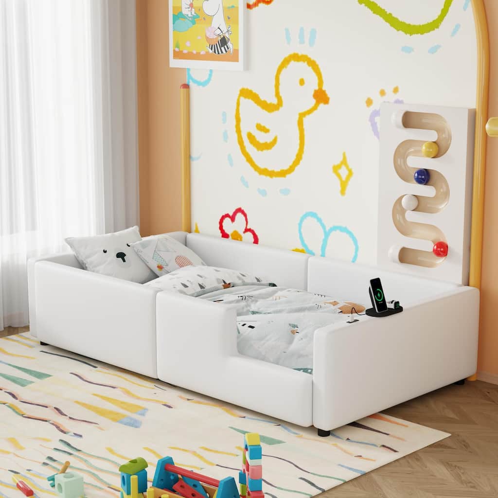 White Floor Bed Frame, Twin Size Upholstered Platform Bed with Slats, Guardrail and Charging Station for Children, Boys & Girls