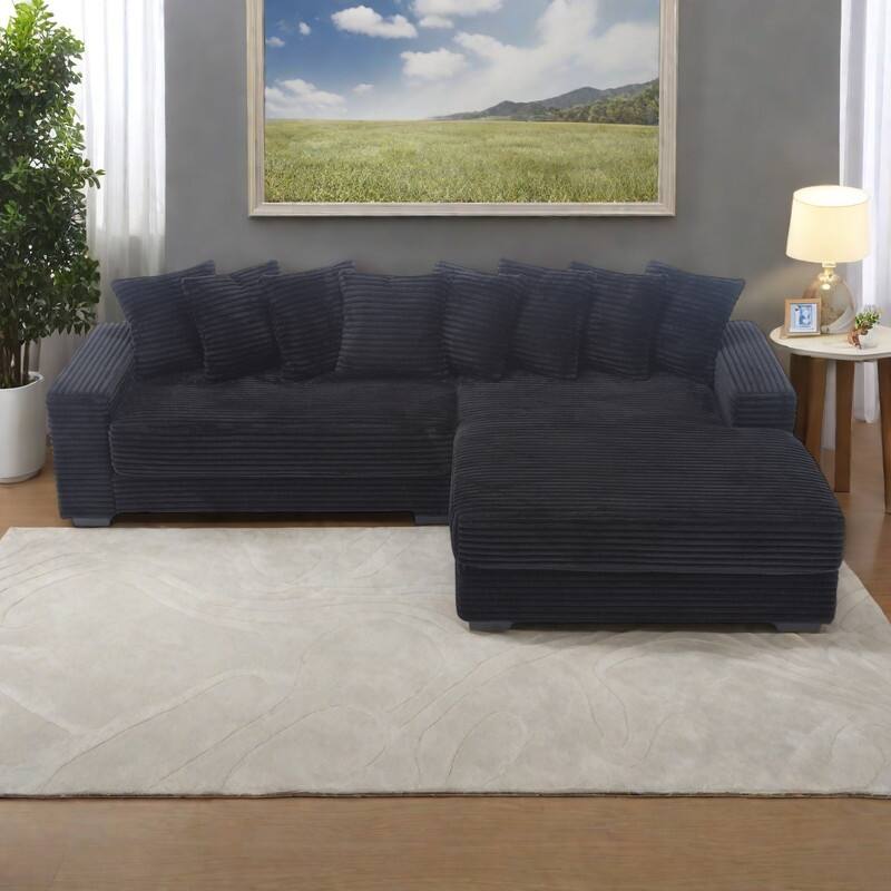 111" Corduroy L-Shape Sectional Sofa with Right Chaise, 8 Throw Pillows and Square Armrests - Black