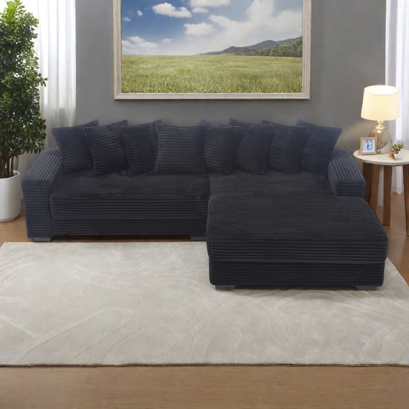 111" Corduroy L-Shape Sectional Sofa with Right Chaise, 8 Throw Pillows and Square Armrests
