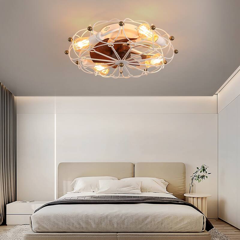 Modern Flush Mount Ceiling Fan Light with Light and Remote Control, Cage Design for Bedroom and Living Room - White