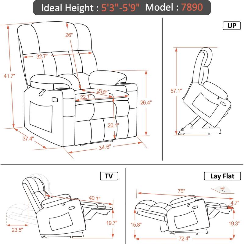 MCombo Medium Dual Motor Power Lift Recliner Chair Infinite Position, Massage and Heat, Extended Footrest, Faux Leather 7890