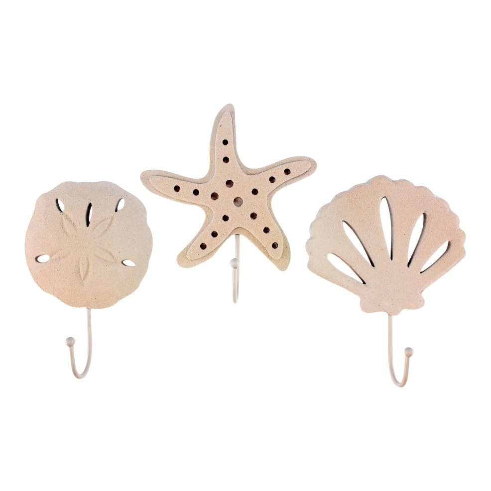 Cream Sealife Starfish Scallop Seashell Wall Hooks Resin 7 Inch Set of 3 - White