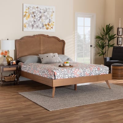 Aithan Mid-Century Walnut Brown Wood and Rattan Platform Bed