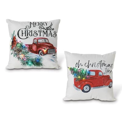 Set of 2 Lighted Fabric and Truck Holiday Throw Pillows with Timer