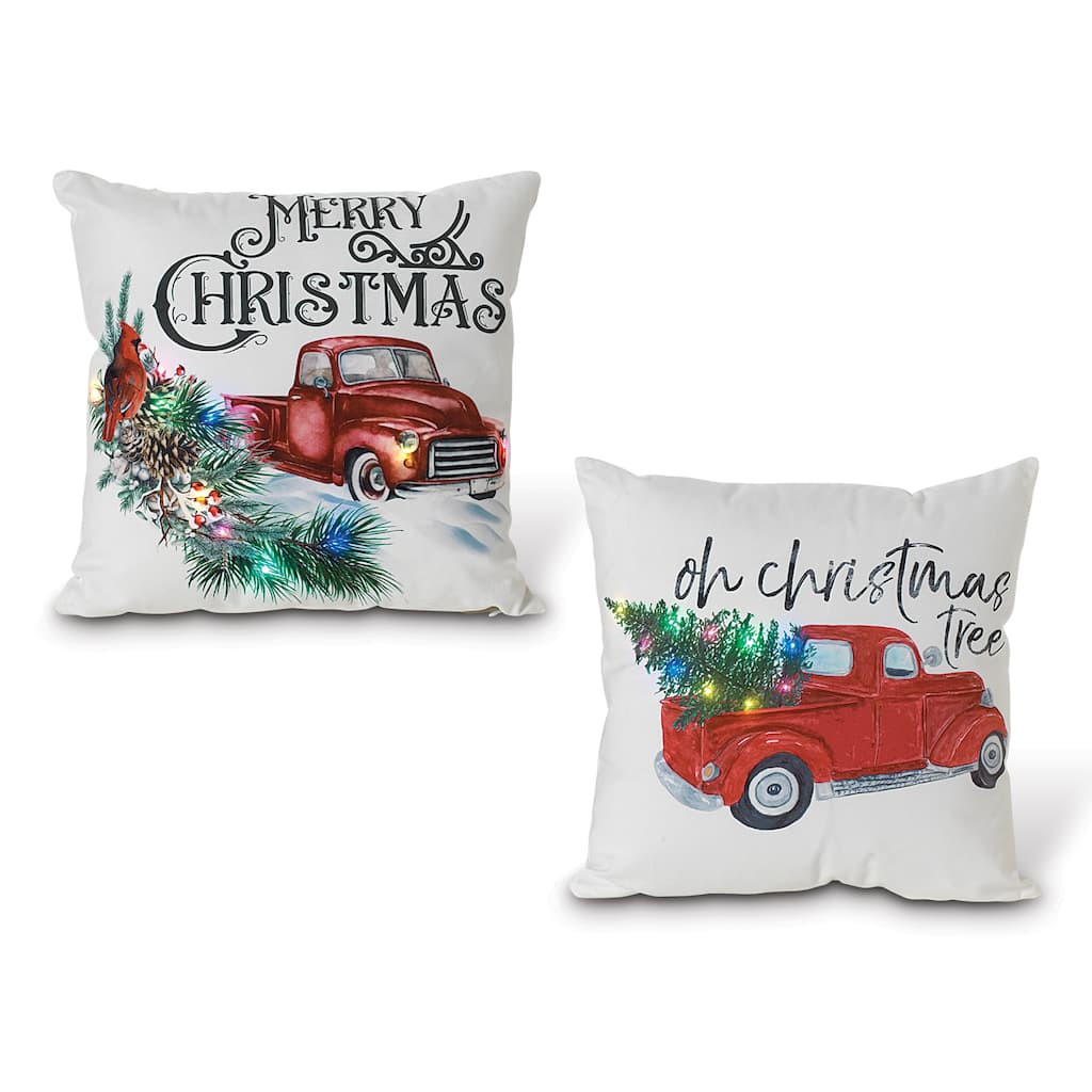 Set of 2 Lighted Fabric and Truck Holiday Throw Pillows with Timer