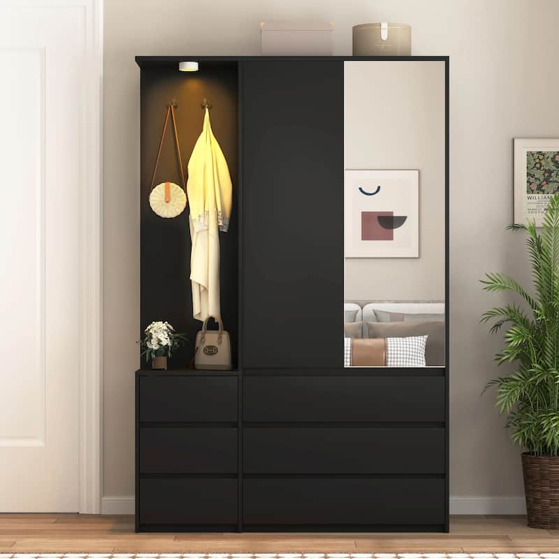 70.8" Wooden Wardrobe Closet with 3 Doors, 2 Drawers, Storage Shelves, & Hanging Rail