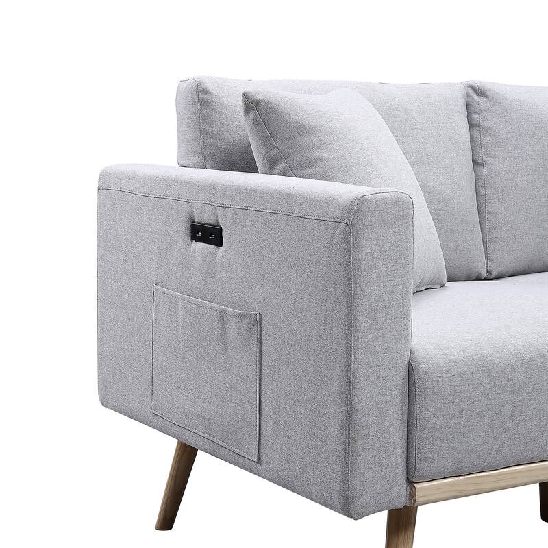 Linen Fabric Sofa with USB Charging Ports and 2 Pillows in Dark Gray