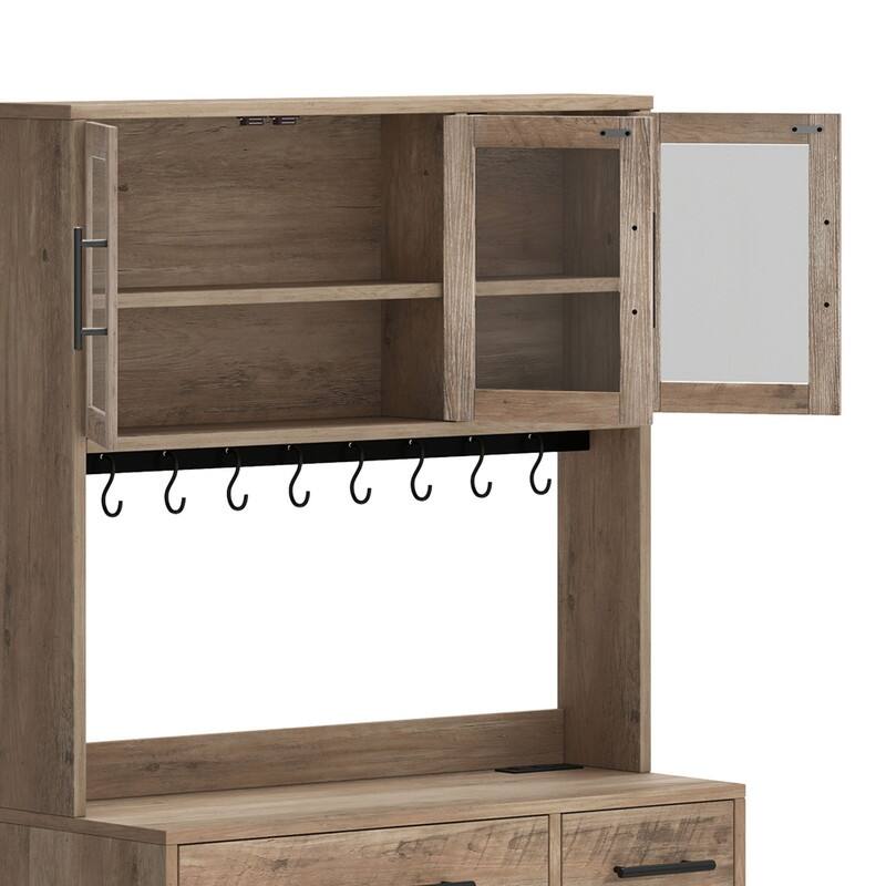 71" Tall Kitchen Pantry Hutch Storage Cabinet with Power Outlet,Freestanding Cupboard Storage Buffet with Drawers & Glass Doors