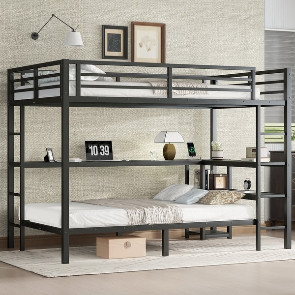 slide 2 of 6, Metal Bunk Bed with Desk,LED and USB,Full Over Twin Black