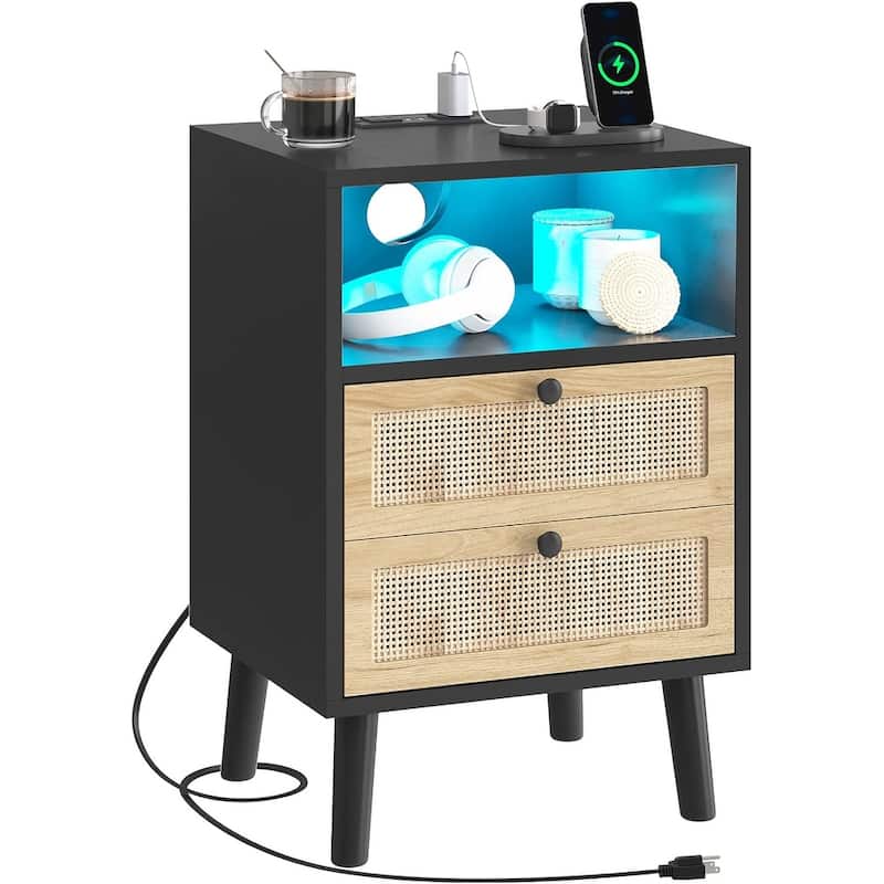 Rattan Nightstand for Bedroom Charging Station USB Ports LED Lights