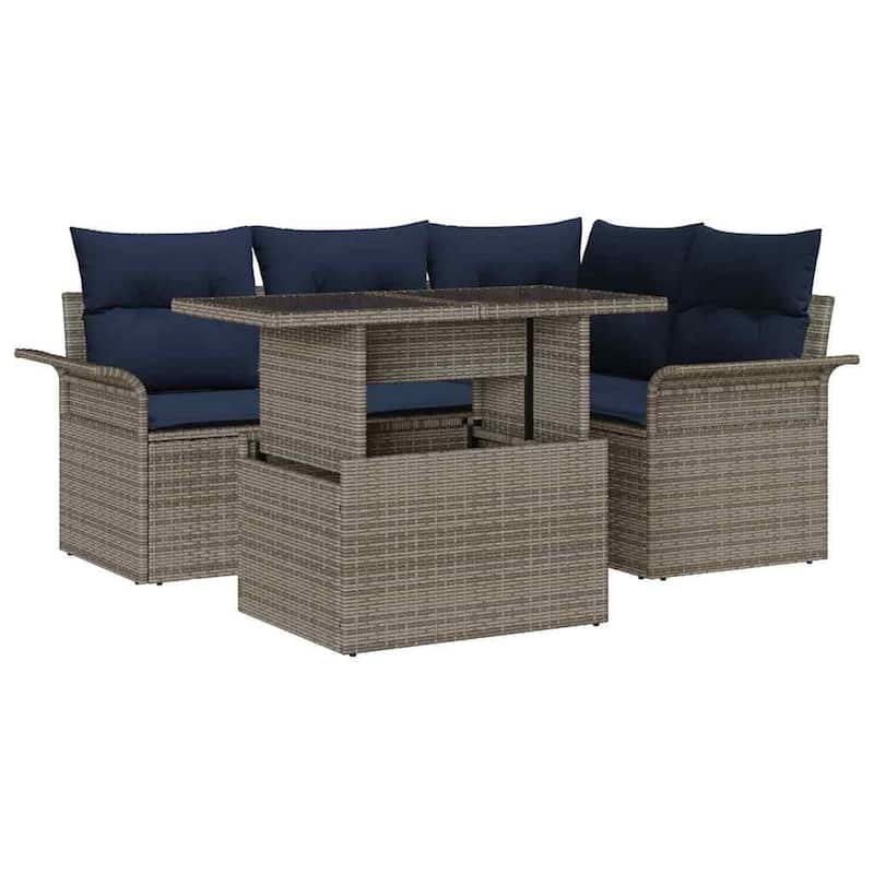 vidaXL 5 Garden Sofa Set with Cushions Brown/Grey Poly Rattan - 73.8 x 52.2 x 27.2