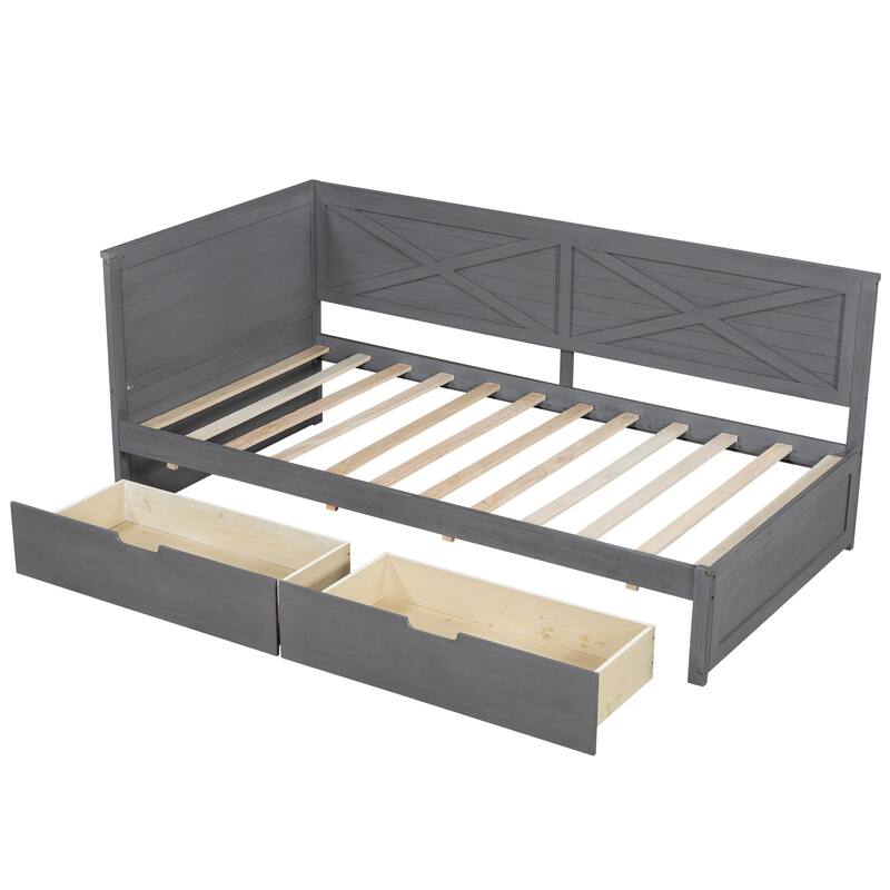 Twin Wood Daybed with 2 Storage Drawers and X-Pattern Guardrail - No Box Spring Required, Ideal for Small Spaces