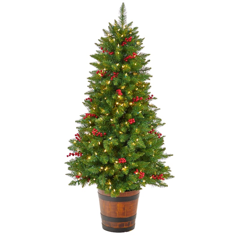 5Ft Pre-Lit Christmas Tree with Lights & Berries - Holiday Decor, Festive Tree, Indoor Xmas Tree - Green - 60