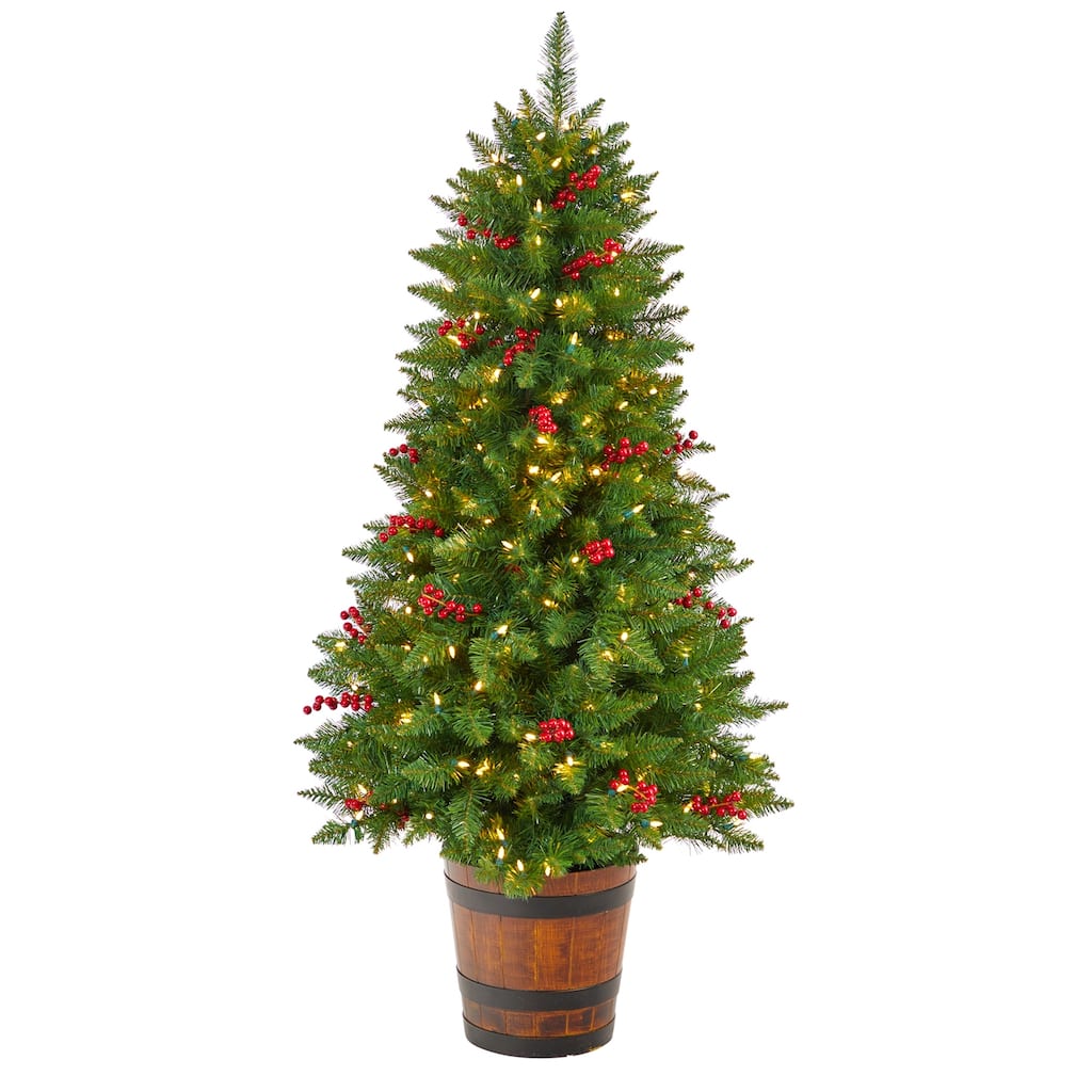 5Ft Pre-Lit Christmas Tree with Lights & Berries - Holiday Decor, Festive Tree, Indoor Xmas Tree - Green - 60