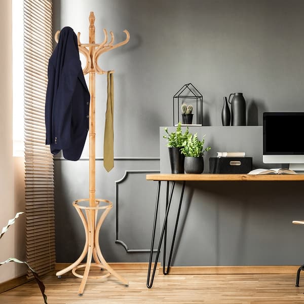 Shop Gymax Wood Standing Hat Coat Rack Jacket Bag Hanger Tree 12