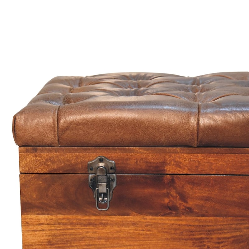Artisan Furniture Solid Wood Buffalo Hide Chestnut Storage Trunk, Leather, Brown with storage - N/A