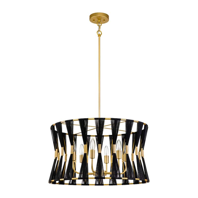 6-light Modern Boho Hand-wrapped Woven Chandelier Natural Ivory Rope Fabric Drum Pendant Light