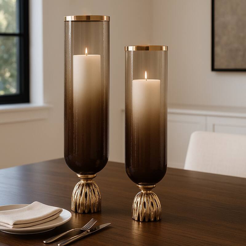 Glass Sculpted Base Hurricanes - Set of 2 - Brown, 20" - 23.0"