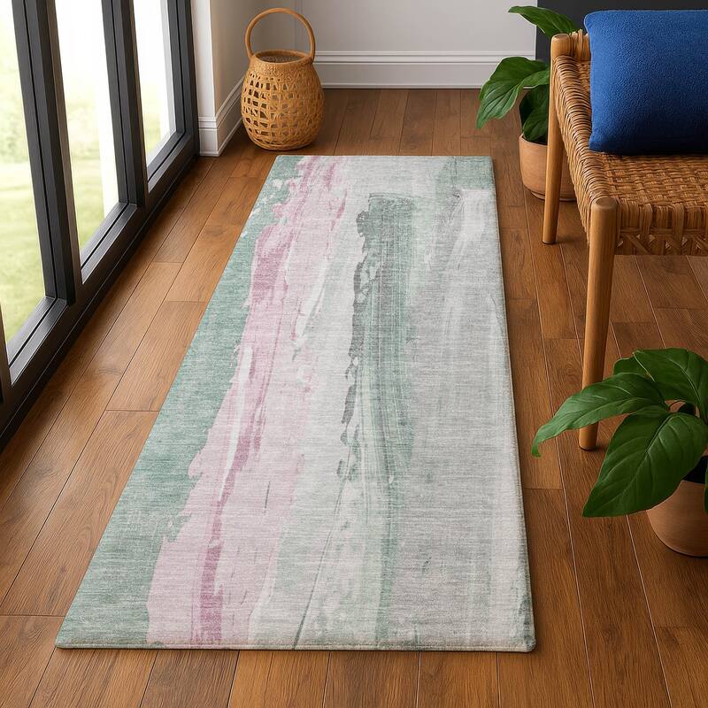 Premium Washable Super Soft Modern Brushstrokes Mayfield Rug - 2'3" x 7'6" - Sage