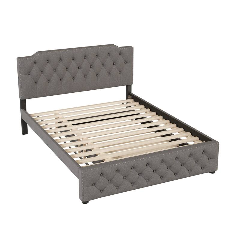 Queen Linen Upholstered Platform Bed w/ Twin Trundle, 2 Sets of USB Ports on Each Side, Button-Tufted Headboard, Wood Bed Frame