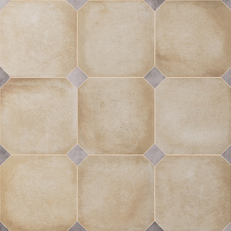 Merola Tile Laverton Octagon Beige with Taco Gris 7-7/8" x 7-7/8" Porcelain Floor and Wall Tile