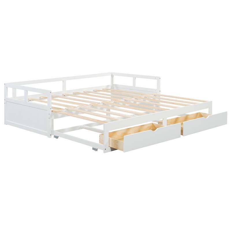 Pine Wood Daybed with Pull-Out Trundle and Two Storage Drawers, Twin to King