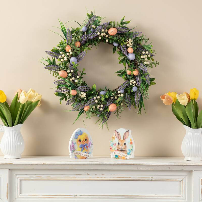 Glitzhome Easter Wreath with Eggs Lavender Bird Nest for Front Door Wall Window Holiday Decoration