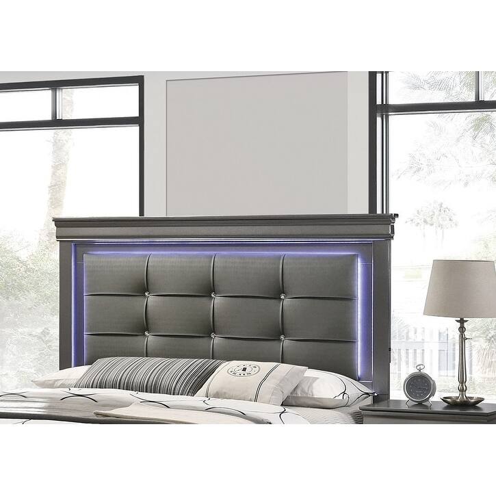 Modern Style 1pc Bed Set Square Button Tufted LED Light Bracket Legs Gray Finish Bedroom Furniutre