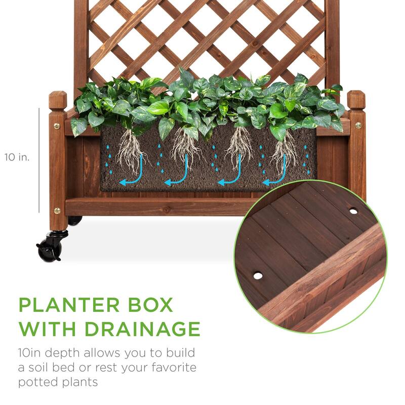 Set of 2 48in Wood Planter Box & Diamond Lattice Trellis, Mobile Outdoor Raised Garden Bed for Climbing Plants w/Drainage Holes