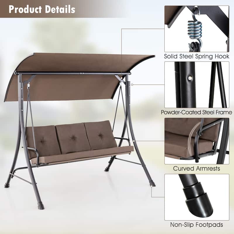 Costway 3-Seat Outdoor Porch Swing Adjustable Canopy Padded Cushions - See Details