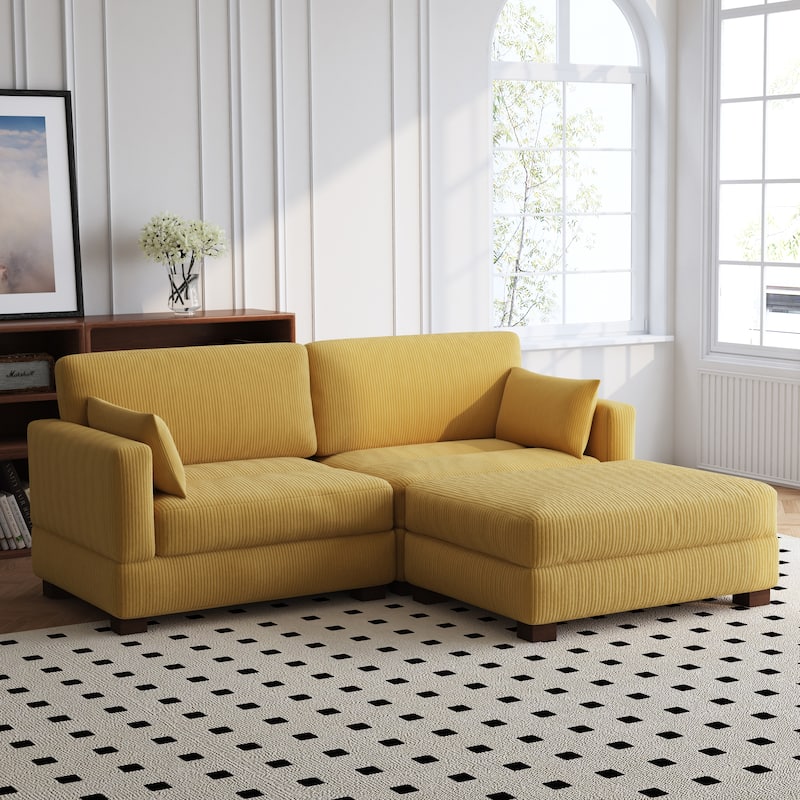 84'' L-Shaped Corduroy Comfy Couch Modular Sectional Sofa With Ottoman - Orange