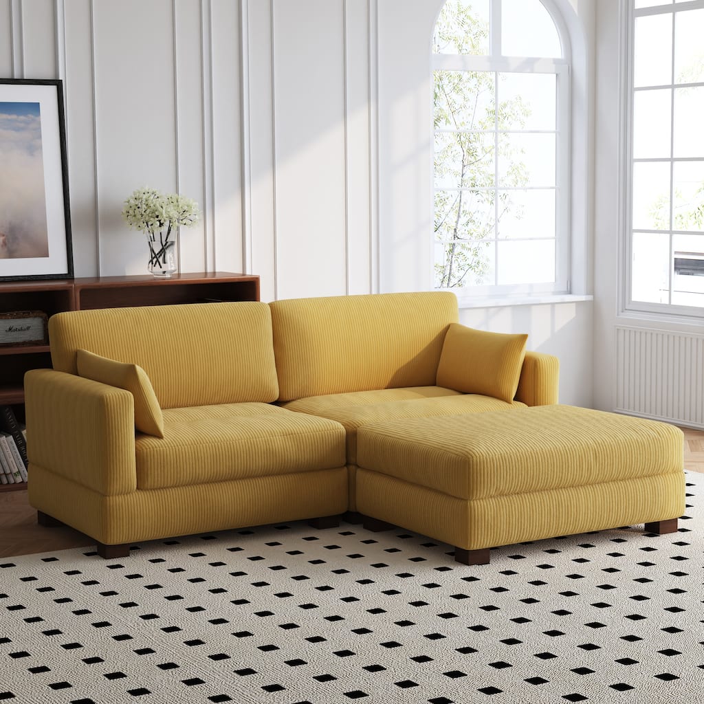 84'' L-Shaped Corduroy Comfy Couch Modular Sectional Sofa With Ottoman