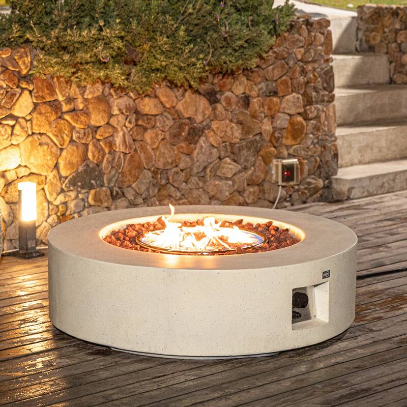 COSIEST Ecru Round Outdoor Propane Fire Pit Tank Outside