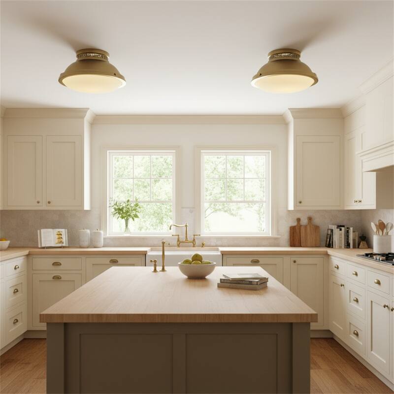 2-Light 14-in Polished Brass Flush Mount - Brushed Brass